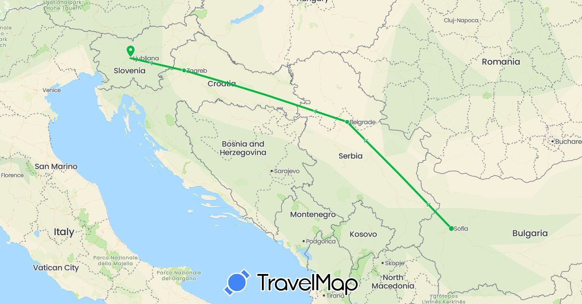 TravelMap itinerary: driving, bus in Bulgaria, Croatia, Serbia, Slovenia (Europe)